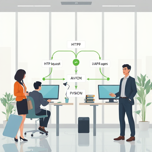 animated architecture diagram showing a client app sending HTTP requests (with JSON) to a RESTful AI API server; arrows visualize request/response flow; Persian/