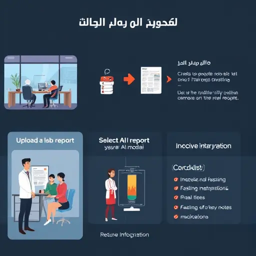 step-by-step animated infographic showing: upload lab report, select AI model, receive interpretation, checklist of key notes (fasting, medications)