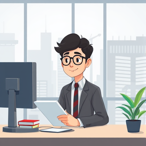 animated illustration of a student practicing English speaking and reading with AI chatbot, digital flashcards, international exam books, text-free