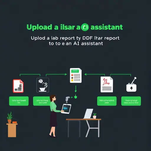 cartoon-style flow of uploading a lab report (PDF/photo) to an AI assistant, step-by-