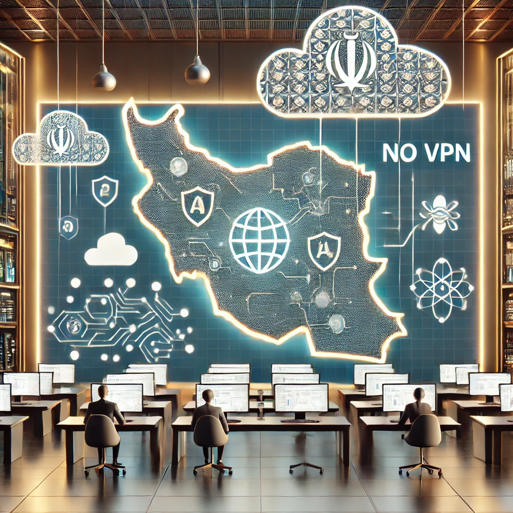 animated illustration showing a map of Iran with shield icons, AI cloud symbols, and a 
