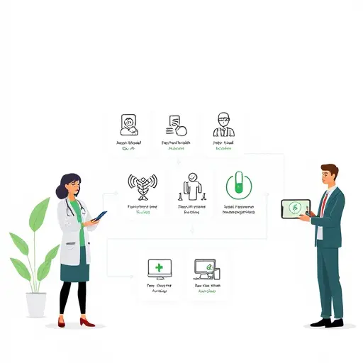 illustrated workflow showing multiple health AI services: medical Q&A, test result analysis, blood test icons, smartphone and web app, vibrant green accent, text-free