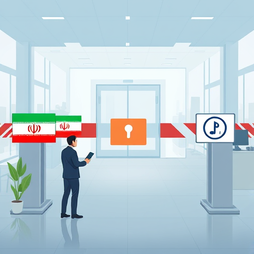 animated illustration showing a barrier to API access, with Iranian symbols on one side and OpenAI logo on the other, cartoon style, clean technology look, text-free