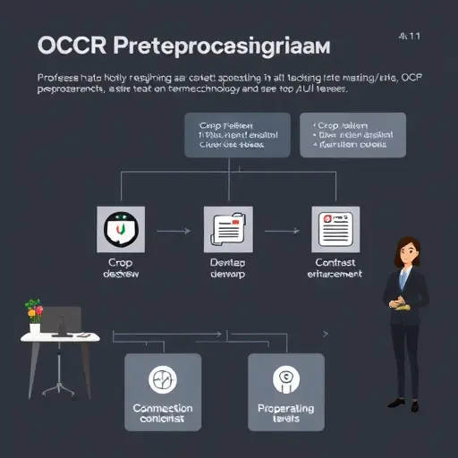 clean infographic style of an OCR preprocessing pipeline: crop, deskew, dewarp, denoise, contrast enhancement, binarization, with minimal icons connected in a flow on a dark UI theme;;