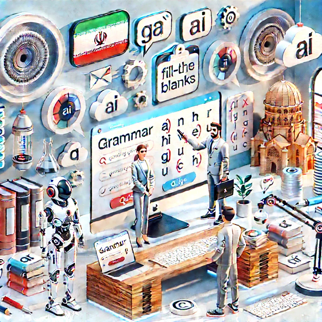 animation of different grammar exercises with AI, including quizzes, fill-the-blanks and correction games, technology icons, bright cartoon style, text-free
