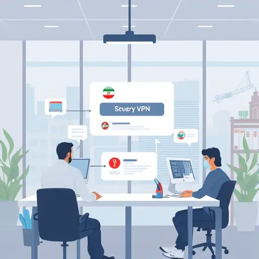 animated illustration showing a user using a slow and unreliable VPN connection, error messages, abstract Iranian design, technology cartoon, text-free