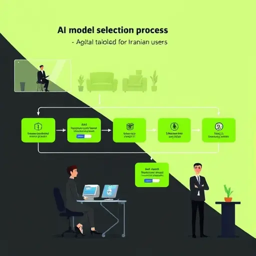 animated flowchart illustration showing AI model selection process tailored for Iranian users, multi-
