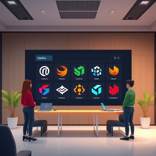 modern animated illustration of an AI-powered logo generator interface, showing a selection of colorful abstract logos, symbols of neural networks and design creativity, text-