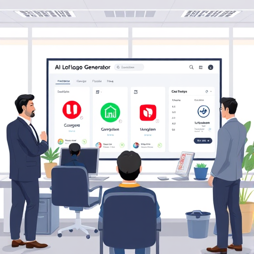 modern illustration of an AI logo generator dashboard, showing step-by-