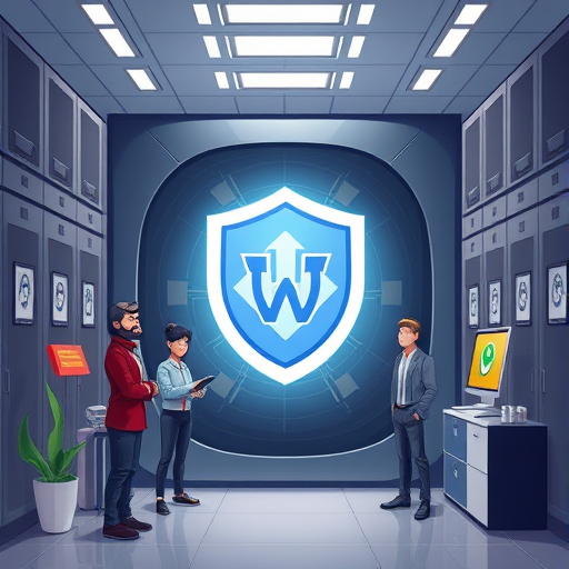 cartoon animation of AI-created logo safely stored in a secure digital vault, shield icons, Iranian data center, animated security elements, no text