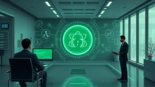 animated illustration of a futuristic AI chatbot interface, inspired by Google Gemini Pro, central glowing AI symbol, futuristic tech environment, green accent color palette, no text