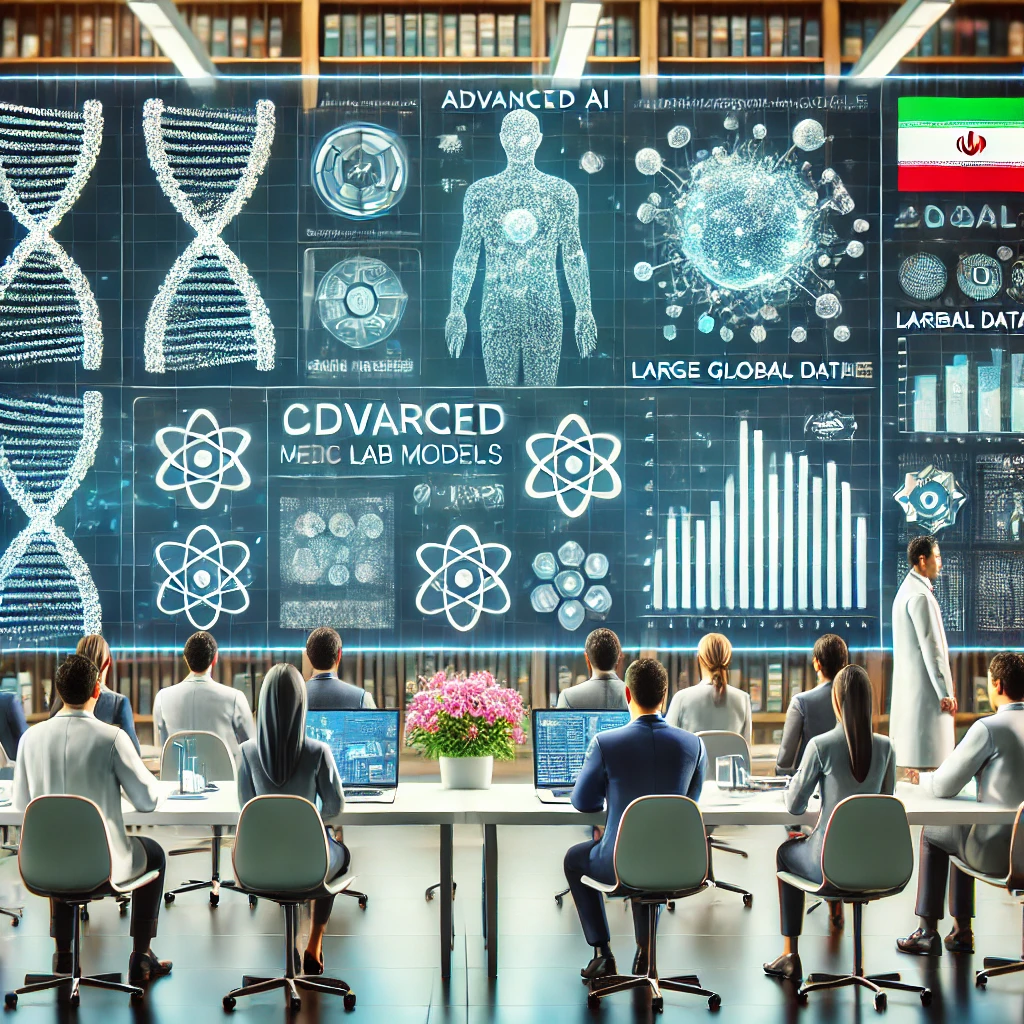 animated illustration showing advanced AI models comparing medical lab data to large global databases, cartoon dashboard with medical icons, no text