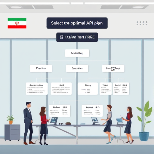decision tree illustration for selecting optimal API plan, animated style, cards showing factors like pricing, token limits, payment options, Iranian symbols in the background, no text