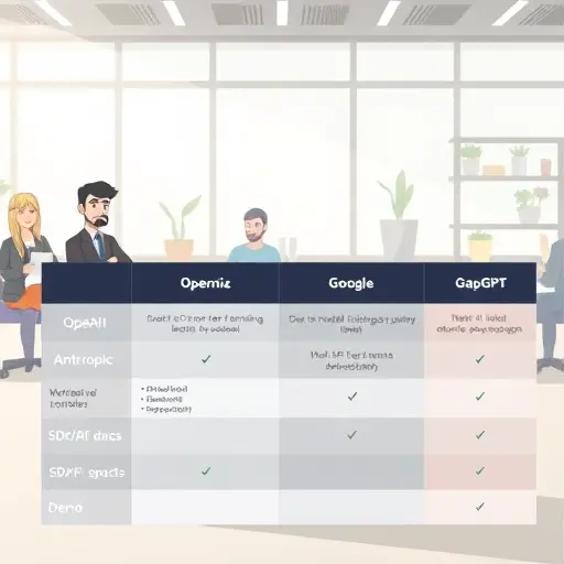 animated comparison table of major AI API providers (OpenAI, Anthropic, Google, GapGPT), columns showing models, language support, SDK/