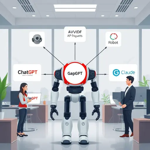 animated flow diagram showing a robot sending API requests to various AI model providers (ChatGPT, Gemini, Claude)
