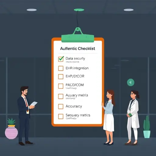 illustrated checklist for choosing a medical AI platform, clipboard with check marks, icons for data security shield, EHR integration (HL7/FHIR), PACS/DICOM, accuracy metrics (AUC, sensitivity, specificity)