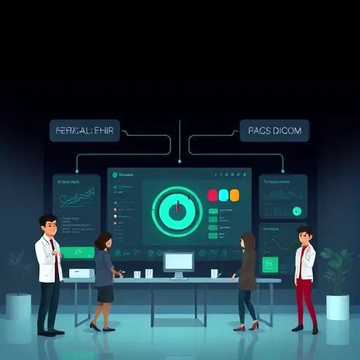 integration diagram illustration showing a medical AI engine connecting to EHR (HL7/FHIR) and PACS (DICOM)