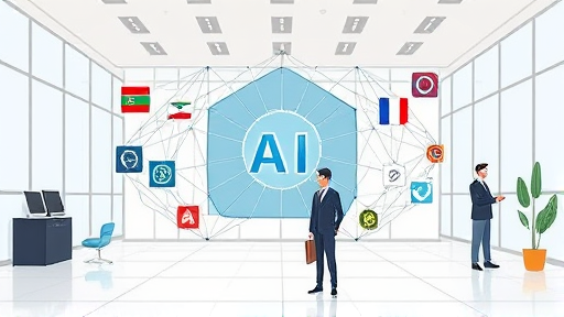 abstract representation of multiple AI APIs converging to a single unified endpoint, geometric nodes, Iranian-inspired color patterns, technology cartoon style, text-free