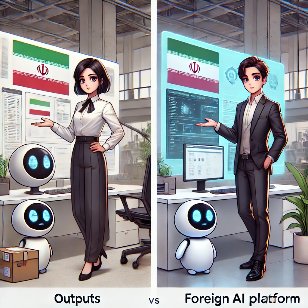comparison illustration showing two outputs: one anime style photo from an Iranian AI platform and one from a foreign platform, both side by side, cartoon interface, no text