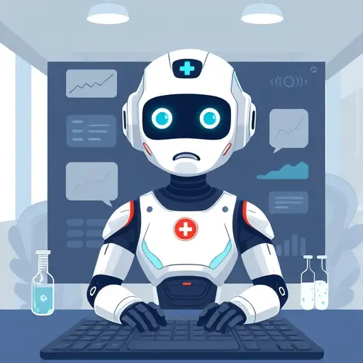 animated illustration of a medical AI chatbot on a dark interface, health icons (stethoscope, heart, lab test tubes)