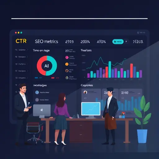 dark-themed abstract illustration of SEO metrics dashboard (CTR, time on page, internal links)