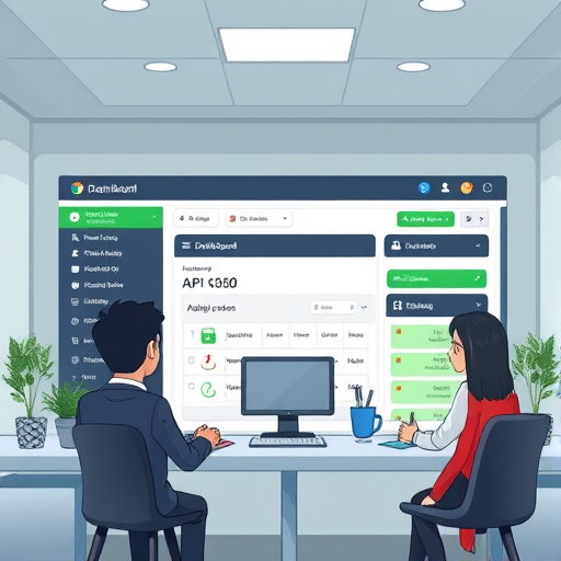 cartoon-style dashboard navigation illustration, showing API key section highlighted in an OpenAI-