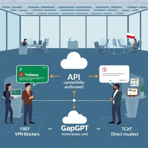 modern API connectivity flowchart, cartoon-style illustration showing two paths: