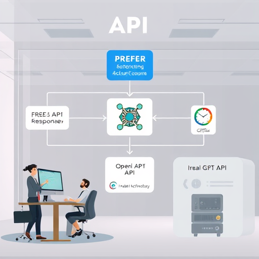 modern API architecture diagram illustration showing request/response flow between a frontend app, backend server, OpenAI GPT-4 API, and an Iranian GapGPT API gateway.