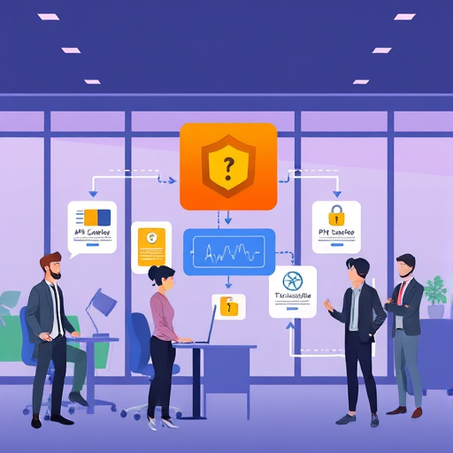 modern API security workflow illustration, cartoon style, layers showing client, backend, API gateway, token validation, cyber-