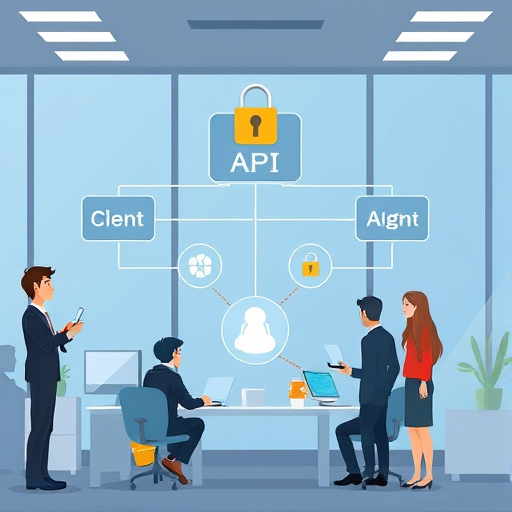 API authentication architecture diagram, cartoon style, client—backend—