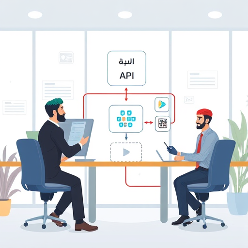 API data flow chart illustrating interaction between a Farsi application and an AI API server, cartoon illustration, clean lines, mobile and web app icons, tech, no text