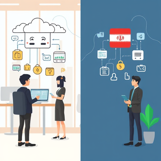 modern illustration of two API access paths: one side showing the complexity of international API acquisition (clouds, locks, payment card icons)