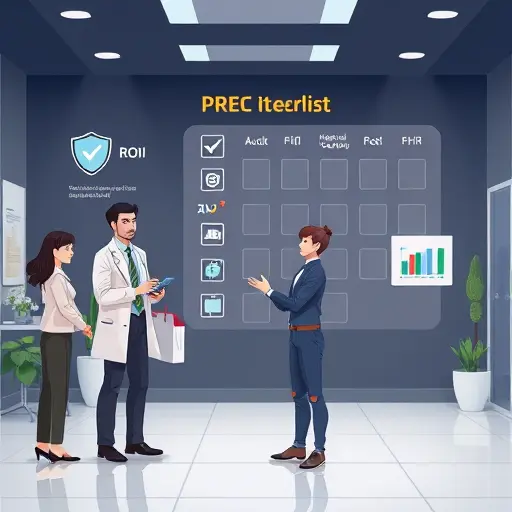 animated hospital procurement checklist for medical AI robot, icons of shield/security, ROI graph, HL7 FHIR, DICOM, human-in-the-