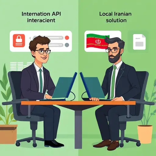 cartoon development scene comparing international API process (locked, payment, foreign phone number) versus local Iranian solution (easy login, API key received), use green and dark backgrounds, text-free