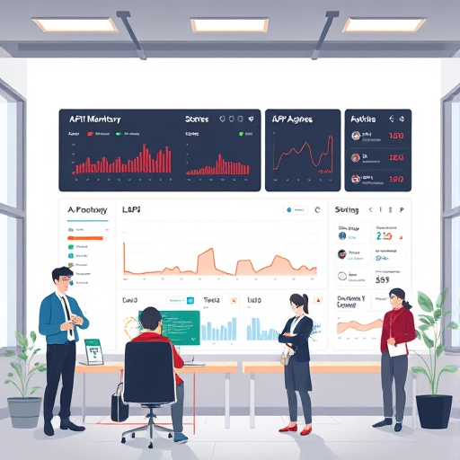 cartoon-style illustration of an API monitoring dashboard with real-