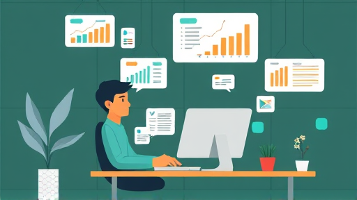 cartoon style illustration of a person working on a computer with floating data charts, AI-generated text bubbles, and icons for translation, summarization, all with a techy green-black background, text-free