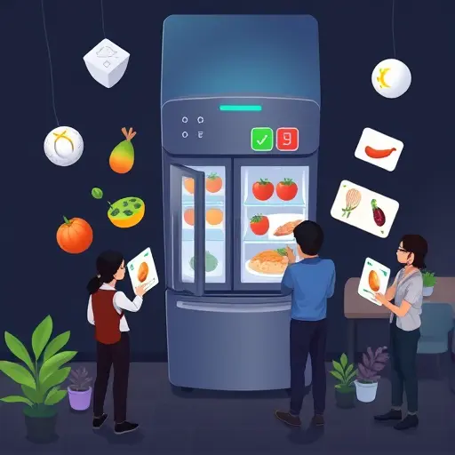 top-down animated illustration of a fridge with floating ingredient icons (eggs, tomatoes, herbs, rice, chicken) and an AI assistant matching them to multiple dish cards;