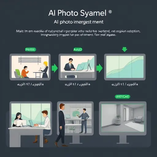 clean infographic-style illustration showing an AI photo enhancement workflow: input low-resolution image, AI upscaler, denoise, sharpen, output high-resolution image;