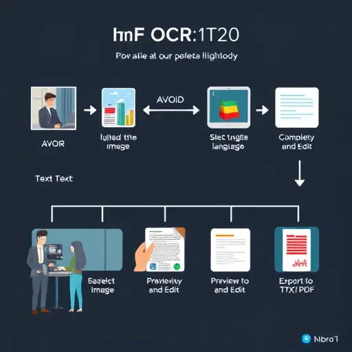 animated step-by-step flowchart showing OCR process: upload image, select language (Persian), AI processing, preview and edit, export to TXT/PDF;