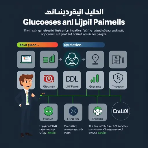 animated infographic showing glucose and lipid panel icons (fasting glucose, HbA1c, LDL, HDL, triglycerides)