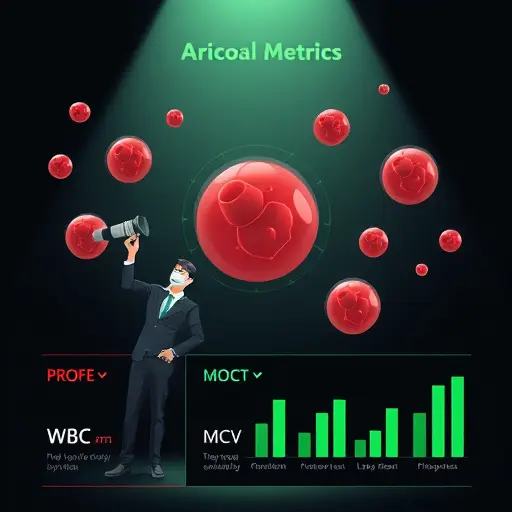 animated infographic of blood cells and metrics (WBC, Hb, MCV, Platelets)