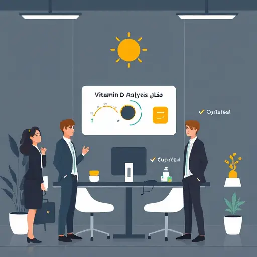 cartoon-style illustration of vitamin D analysis with sun icon, supplement bottle, and AI checkmarks, minimalist, dark theme, no text