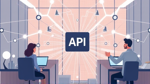 abstract representation of big data clustering via API, network of connected data nodes with pathways to a central API gateway, futuristic illustration, minimalist, text-free