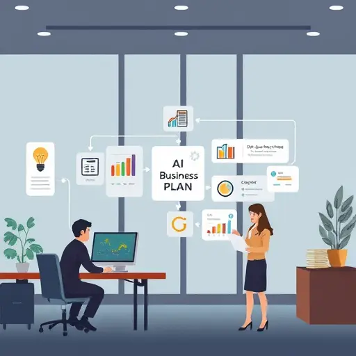 clean animated illustration of a business plan workflow with AI icons (lightbulb, charts, SWOT)