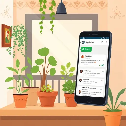 animated balcony garden with pots and herbs, smartphone showing an AI chat interface suggestions (no text)