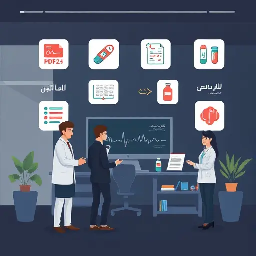 illustrated medical AI toolbox on a dark UI: icons for PDF chat, speech-to-text, lab test tube, stethoscope, ECG, pill bottle;;; no text