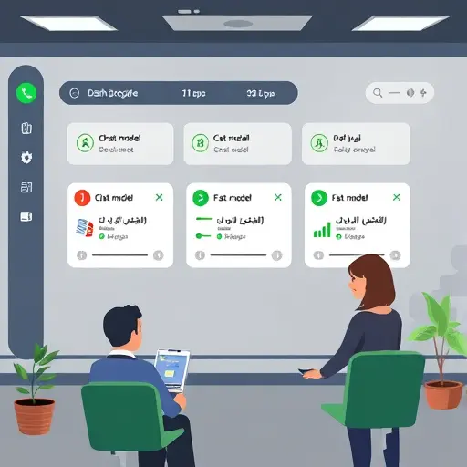 clean dashboard illustration showing model selection cards labeled generically (chat model, long-document model, fast model), dark theme UI, green accent, Persian-inspired abstract patterns,, no text