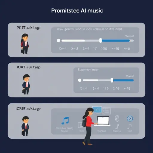 cartoon style step-by-step UI panels showing prompt writing for AI music: