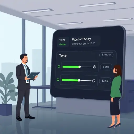 abstract AI assistant interface adjusting tone settings (friendly, formal) with sliders, dark theme, green accents, minimalistic animated illustration, text-free, high contrast