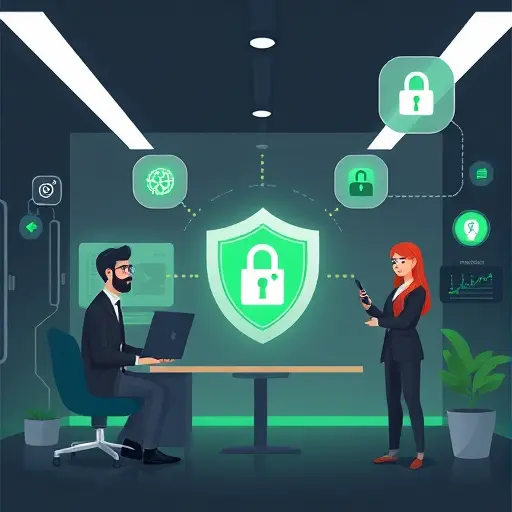 security and privacy illustration for AI chat: shield, padlock, anonymized data icons, sandbox symbol;(#94d3a2)